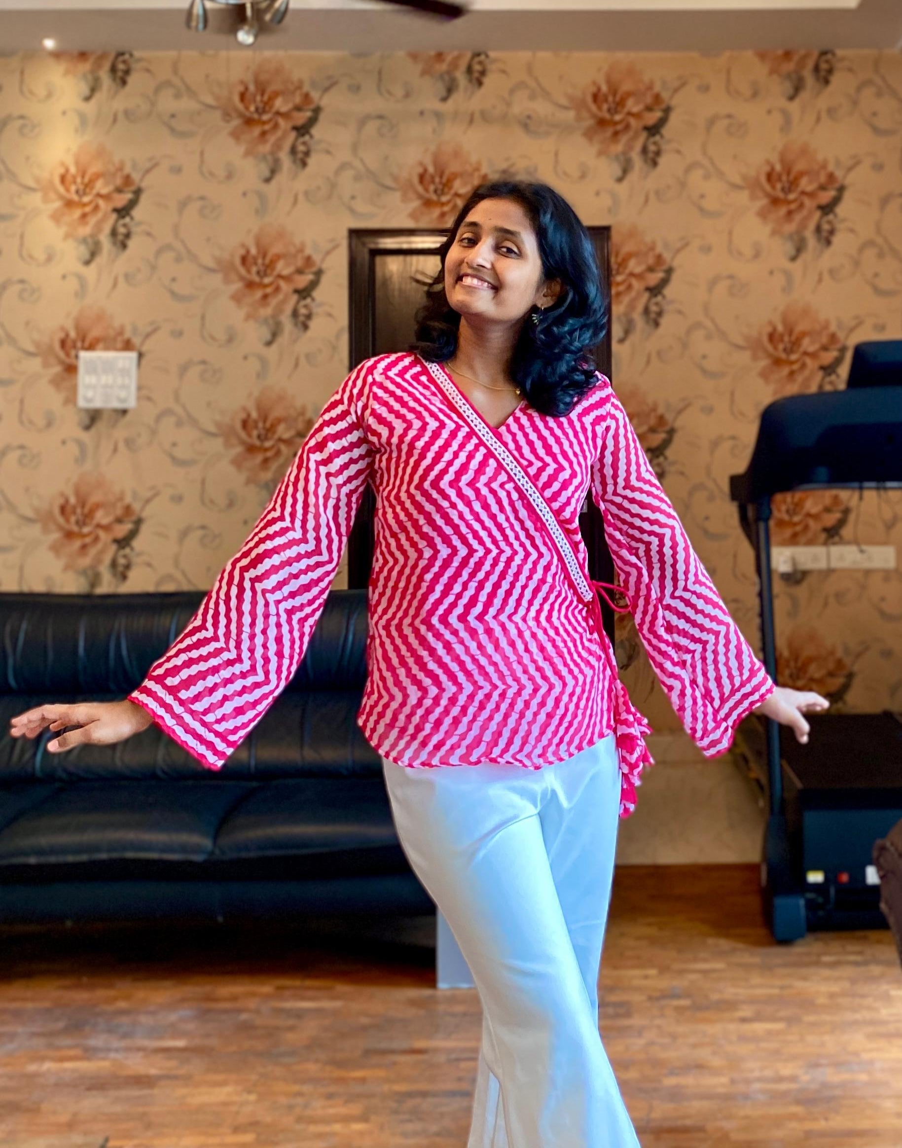 Pink & White georgette Zigzag Wrap Top – Bell Sleeves.